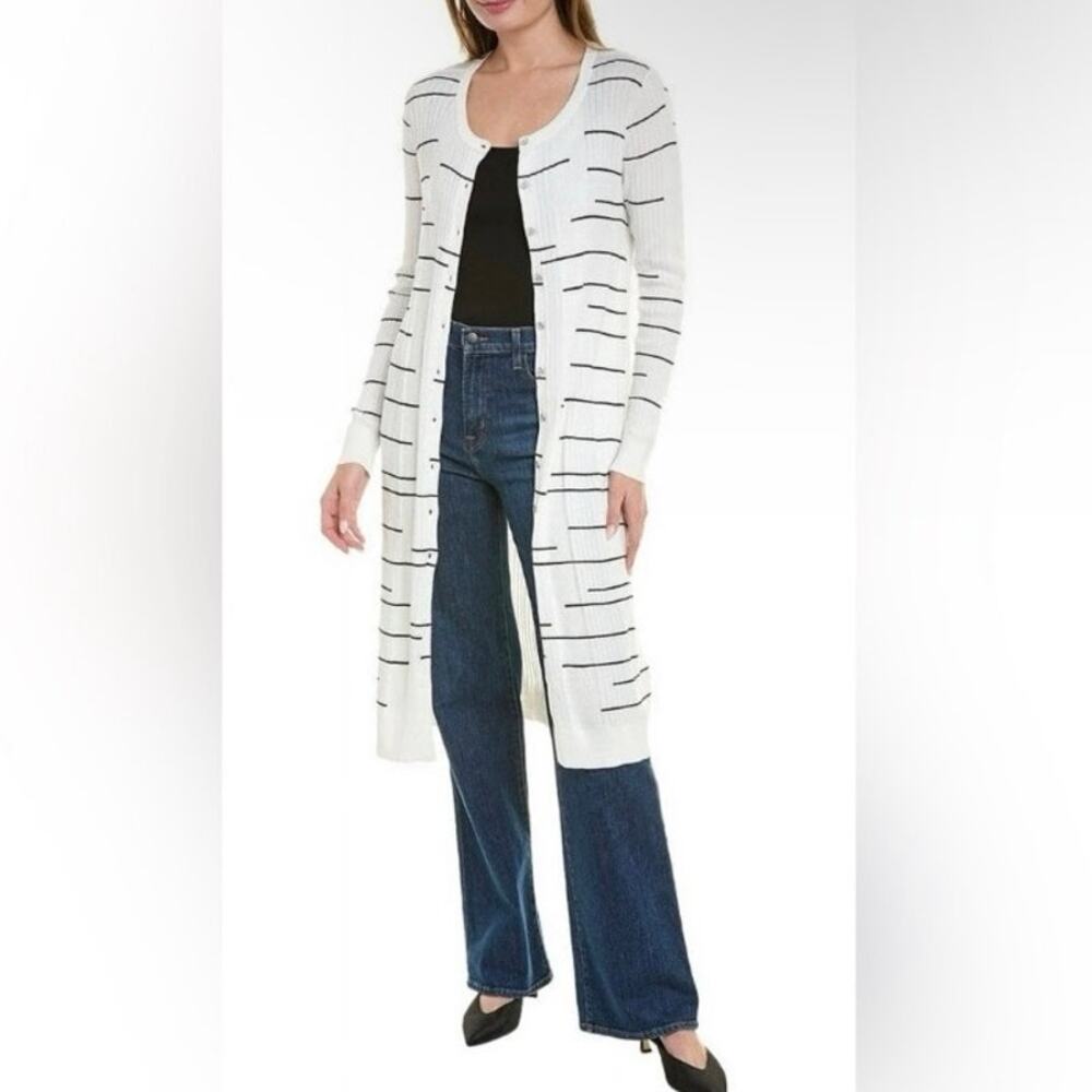 Cabi Sz M Dasher Duster Cardigan Sweater White Striped Fine Knit Button Front